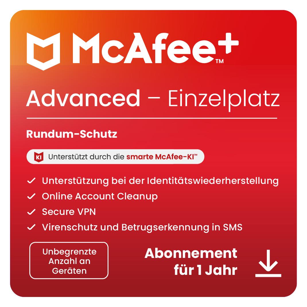 McAfee + Advanced Einzelplatz (Unbegrenzte Anzahl von Geräten) (1 User, 1 Geräte/User, 12 Monate) (MPA31MNRURDDD)