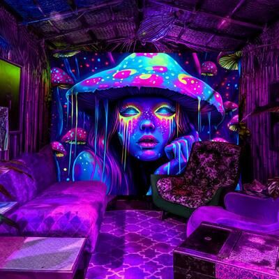 Inspire Select Psychedelic Mushroom Girl Tapestry Blacklight Reactive Wall Hanging For Bedroom & Gaming Room Decor bu 1 51 X 59 In