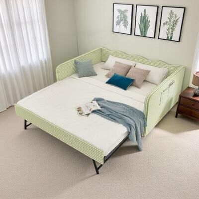 Full Size Upholstered Daybed with Pull-Out Trundle,3-in-1 Convertible Sofa Bed,Side Storage Pockets