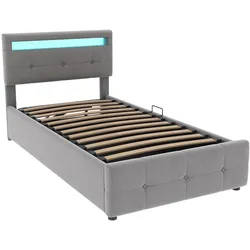 Polsterbett 90x200 mit LED-Beleuchtung und hydraulischem Stauraum – modernes Design in Grau für maximalen Komfort