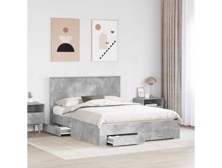 KTHLBRH Bettgestell mit Kopfteil, Zementgrau, 150 x 200 cm Robustes Holz, minimalistisches Design, integrierter Behälter, Doppelzimmer