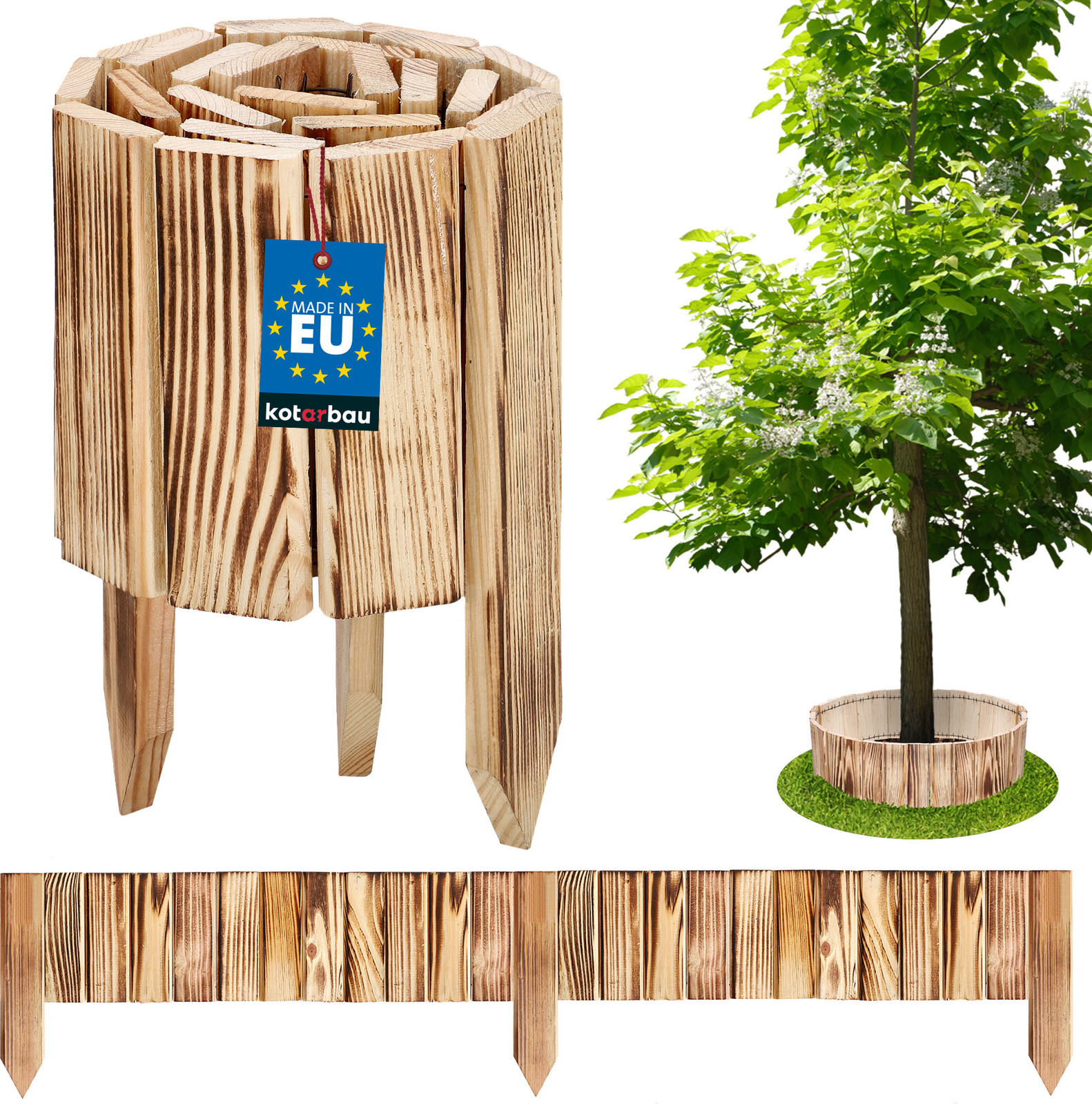 KOTARBAU Bloembedrand van gebrand hout - 110 x 15 cm - Houten tuinafscheiding en borderrand