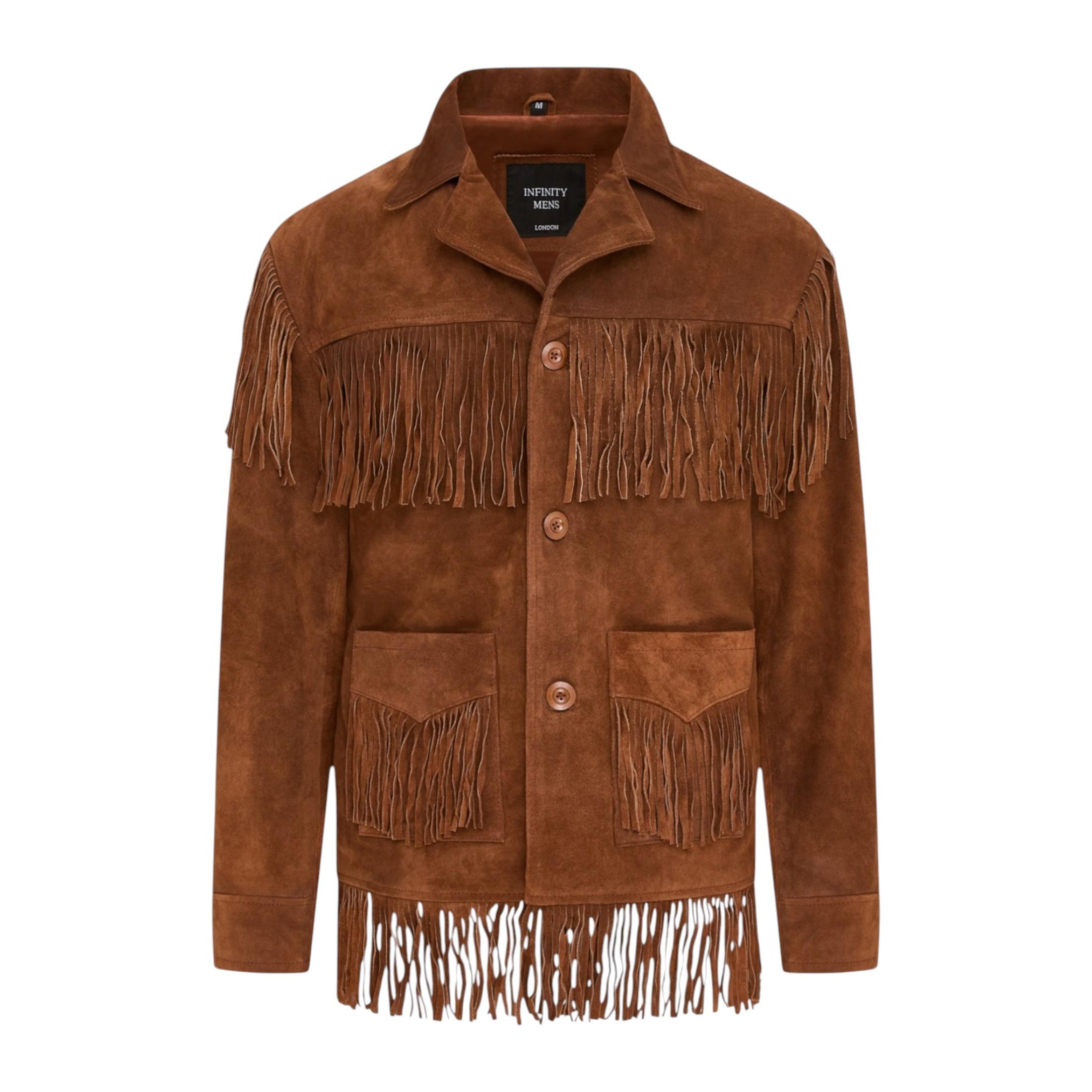 Herren Retro Tan Cowboy Wildleder Lederfransenjacke – Western