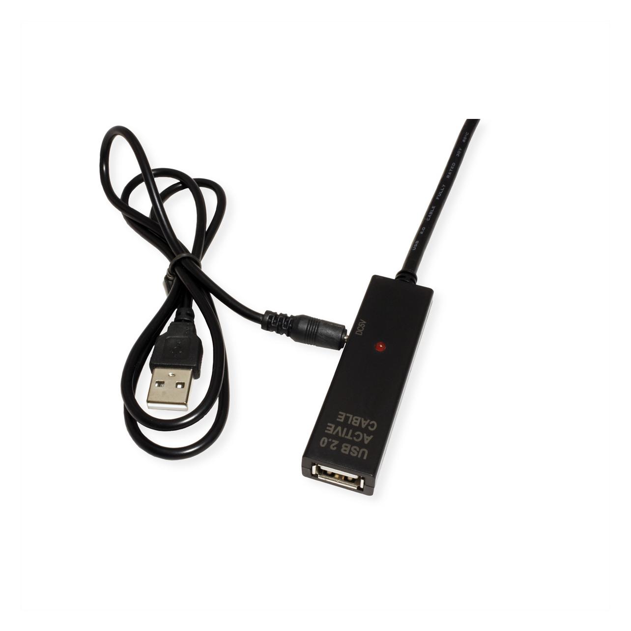 Value USB 2.0 Verlängerung, aktiv, mit Repeater, A-C, schwarz, 15,0 m (15 m, USB 2.0) (12.99.1113)