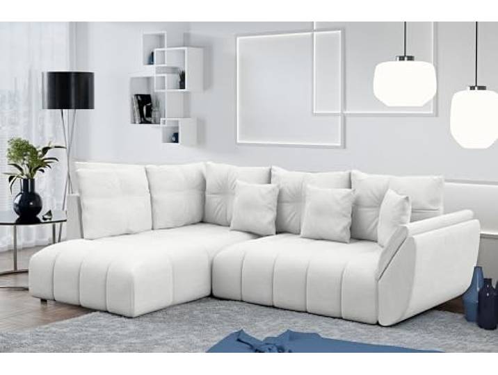 AXLIVING Ecksofa mit Schlaffunktion Corleone L Sofa Weiß 268 cm Eckschlafcouch mit Bettkasten. Liegefläche von 136 × 220 cm. Rundum bezogener Rücken. Ecksofa mit 260 cm Breite.