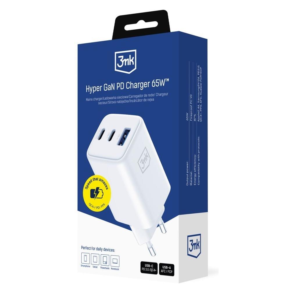 3MK Ładowarka sieciowa Hyper GaN Charger 65W 1xUSB-A 2xUSB-C PD QC4+ biały (65 W, 3 Ports) (5903108640107)