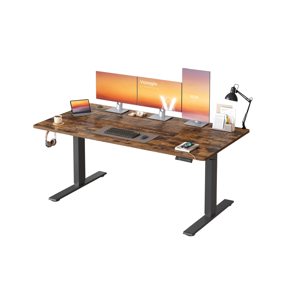 VASAGLE Höhenverstellbarer Schreibtisch mit USB Anschluss und Speicherfunktion Vintagebraun LSD146KD02