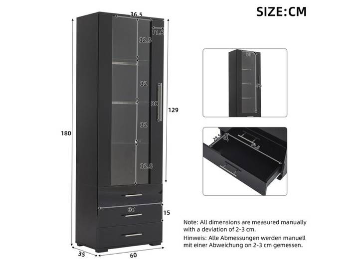 Feuille épaissie Vitrine noire haute brillance vitrine vitrine vitrine avec éclairage LED vitrine verticale avec 3 tiroirs 60