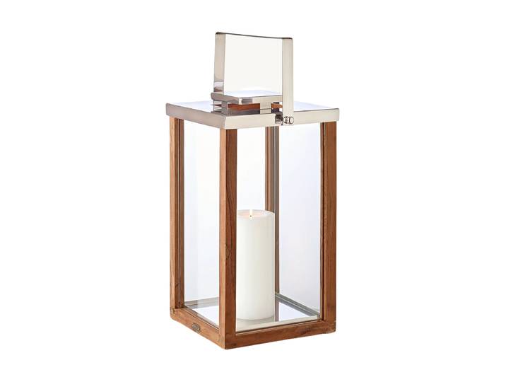 Premium Laterne „Miami“ aus Teakholz und Edelstahl glänzend vernickelt Natur, Silber Höhe 49 cm EDZARD