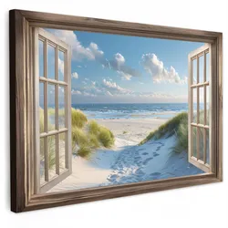 LEINWANDBILD Aussicht - Strand - Fenster - Dünen - Meer XXL 150x100 cm
