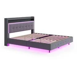 OKWISH Polsterbett 140x200 cm mit LED-Leuchten, USB-Anschluss, Stauraum, Leinenstoff, versteckte Füße, stabiler Metallrahmen, modernes Doppelbett Grau
