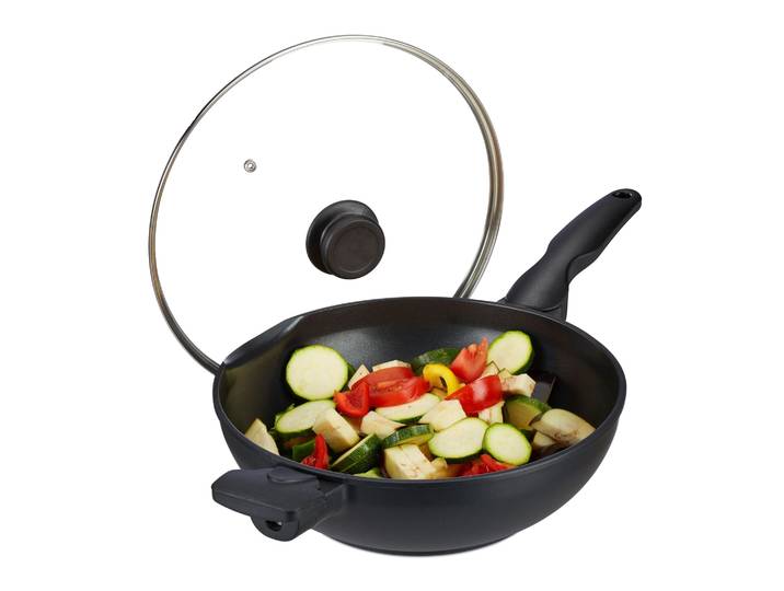 Wok mit Deckel Induktion Schwarz-Silber-Transparent