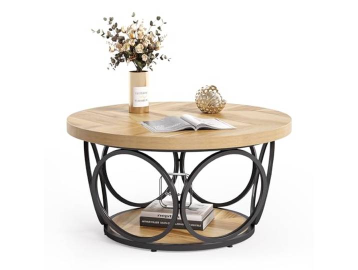 LITTLE TREE Couchtisch für das Wohnzimmer, runder Holztisch mit einem Durchmesser von 80 cm, großer runder Couchtisch im Landhausstil mit 2 Ablageflächen, moderner, Schlichter brauner Teetisch