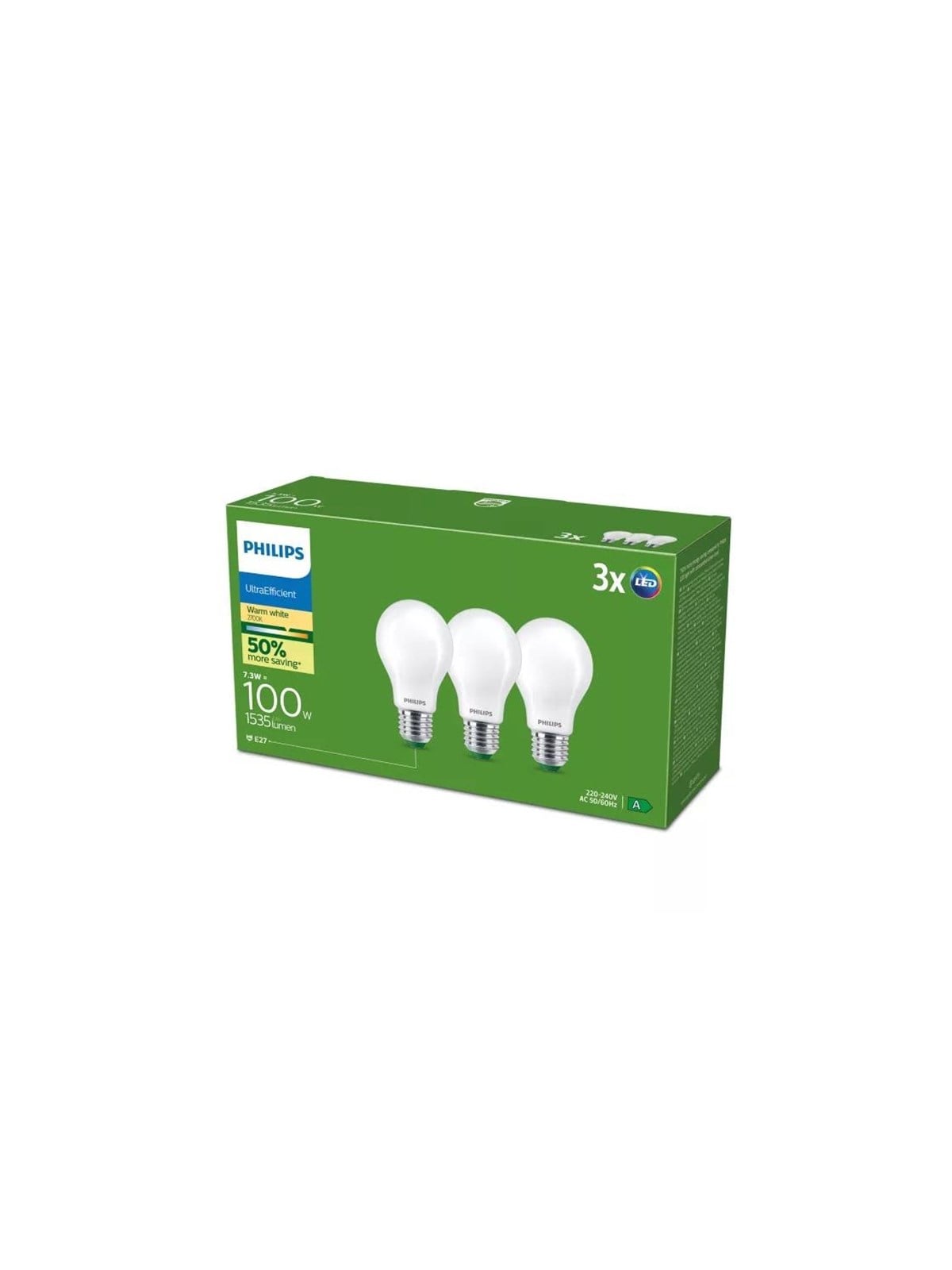Philips LED-Lampe Ultra Efficient A60 7,3W/827 (100W) Frosted 3-pack E27