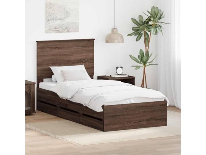 RJPLMFV Bettgestell mit Schublade, Eiche Braun, 90 x 190 cm Langlebiges Holz, versteckte Aufbewahrung, modernes Design, Lattensockel, einfach zu montieren