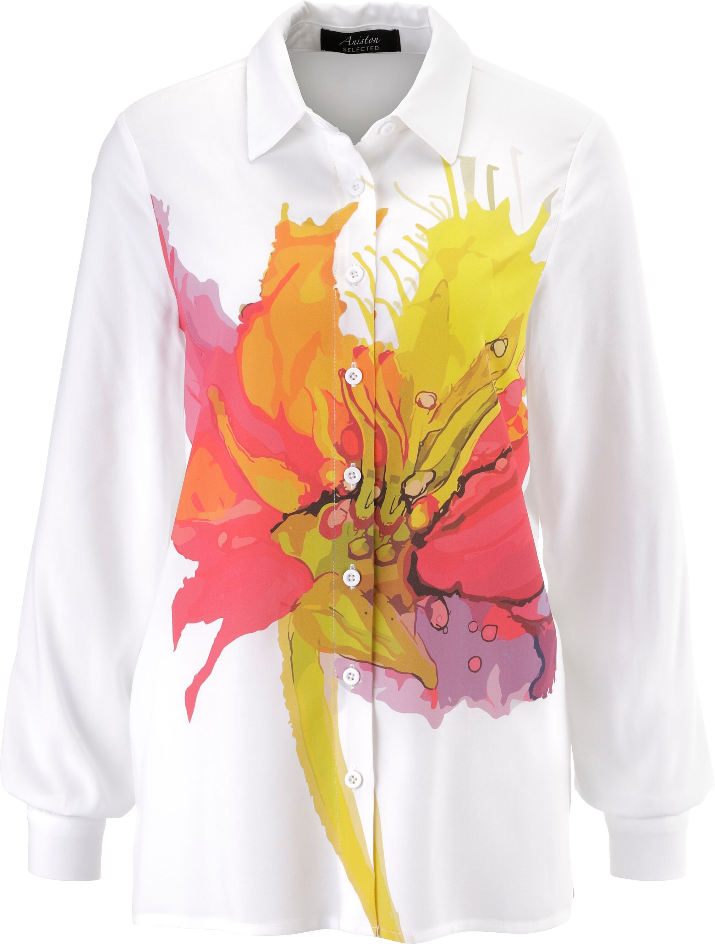 Hemdbluse ANISTON SELECTED, Damen, Gr. 38, pink, orange, gelb, rosa, flieder, ockergelb, rot, braun, schwarz, Web, Obermaterial: 100% Viskose, bedruckt, geblümt, gemustert, figurumspielend hüftbedeckend, 1-Knopf-Manschette, Blusen Hemdbluse, mit auffällig