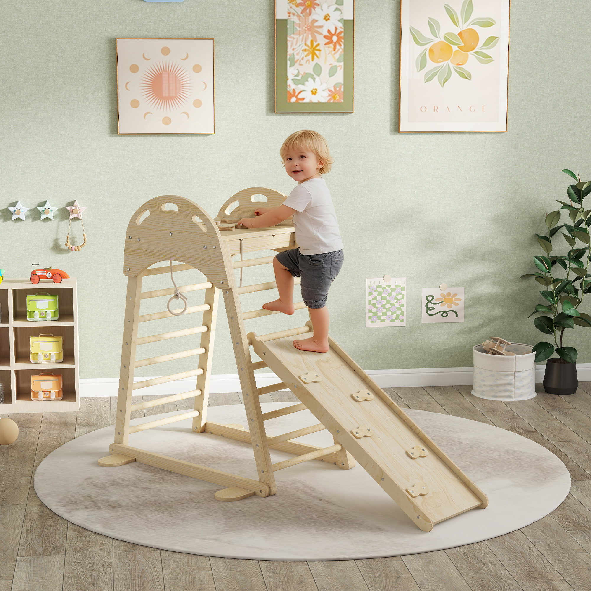 Aiyaplay Triangolo da Arrampicata Montessori 6 in 1 con Piattaforma e Anelli Struttura da Arrampicata in Legno con Scivolo    Aosom Italy