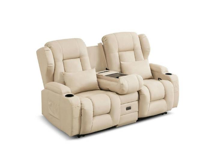 LuxusKollektion TV-Sessel Relaxsessel Zweisitzer Leathaire Beige Klappbare Mittelkonsole