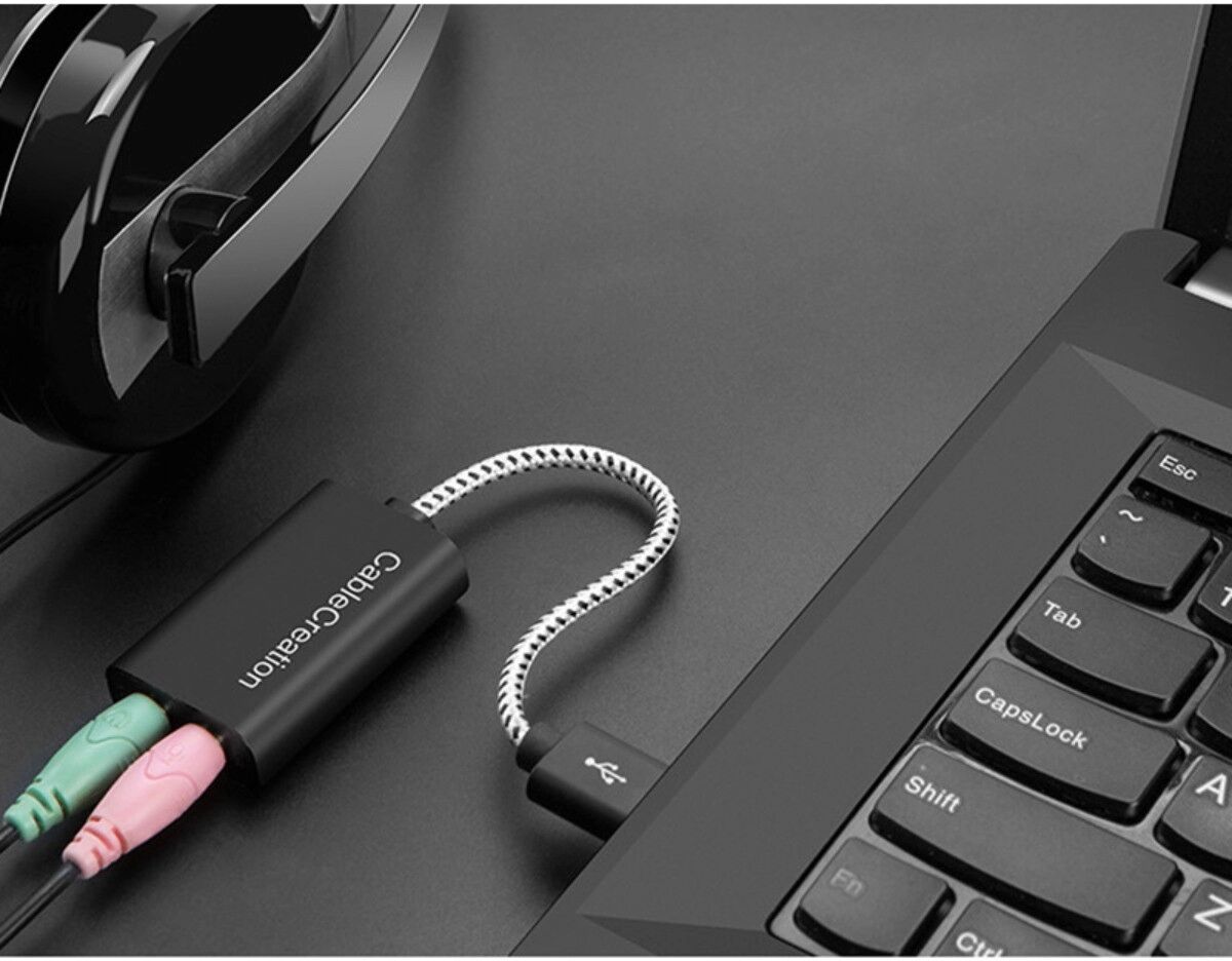 INF USB auf 3.5mm externer Soundkarten-Konverter — USB 2.0 Plug-and-Play, 5.1-Kanal, Rauschunterdrückung, schwarzes Aluminium