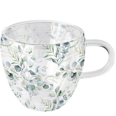 Ambiente Tasse 10cm Glas doppelwandig mit Eukalyptus Motiv - 0,2L Glastasse Glasgeschirr Kaffeeglas Teeglas Kaffeetasse Teetasse Kakaotasse