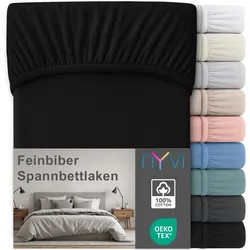 NYVI Feinbiber Spannbettlaken Deluxe für Matratzen bis 25 cm Steghöhe - Extra Warm & Weich, 100% Baumwolle, Bügelfrei, Vorgekrumpft Farbe:Schwarz;Größe:100x200 cm