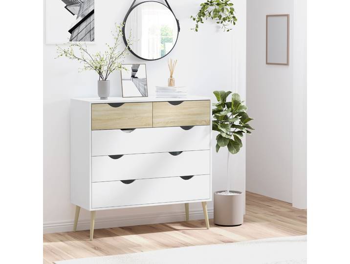 HOMCOM Commode 5 Tiroirs Scandinave Blanc Chêne 99x39x101cm