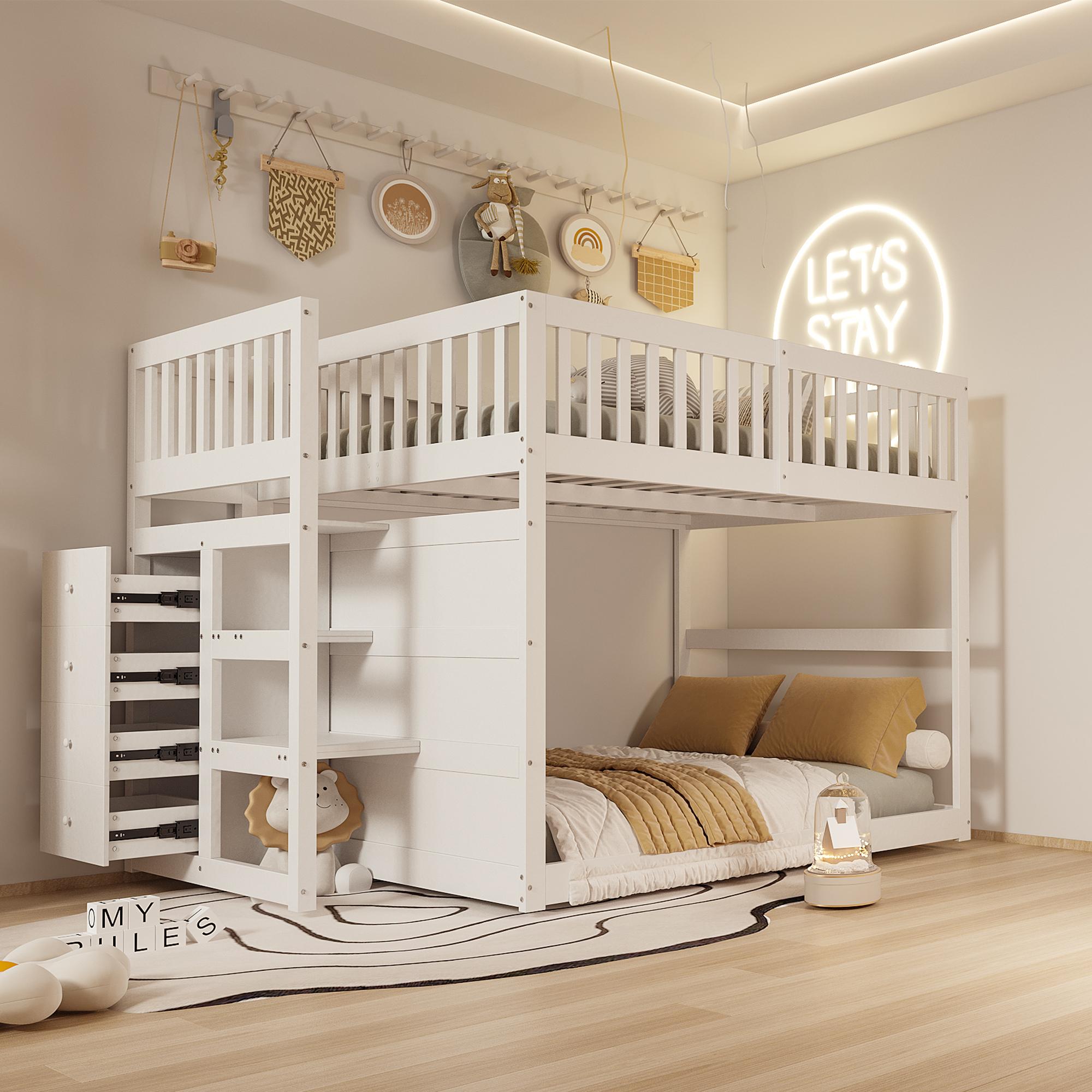 Fortuna Lai Niedriges Etagenbett140 x 200 cm, Sicherheits-Etagenbett mit Staufach, hohes Zaun-Design, Holzbett, weiß