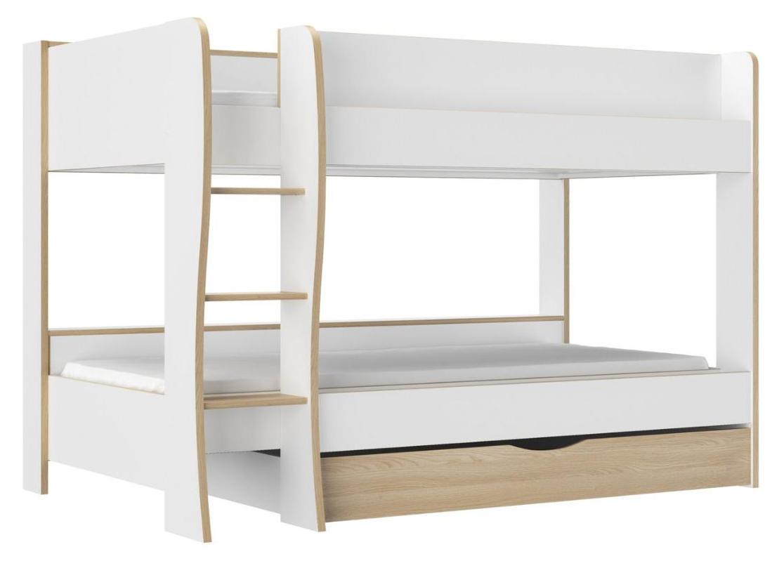 CALICOSY - Etagenbett mit 1 großem Schubfach Nachbildung Weiß und Eiche - ROOMY