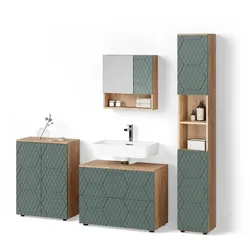 BADMÖBEL-SET Ronco, Grün/Goldkraft Eiche, 4-teilig