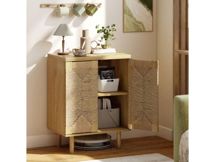 Buffet - Bohème - 2 portes corde tissée - Étagère réglable 3 hauteurs - Push-to-open chêne 60x40x78