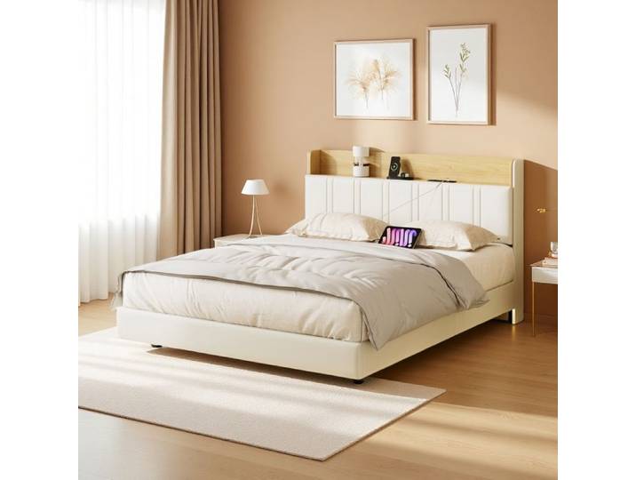 Lit double 160 x 200 cm Lit capitonné avec Sommier Lit adulte 2 places avec tête de lit Lit adulte Lit double Blanc