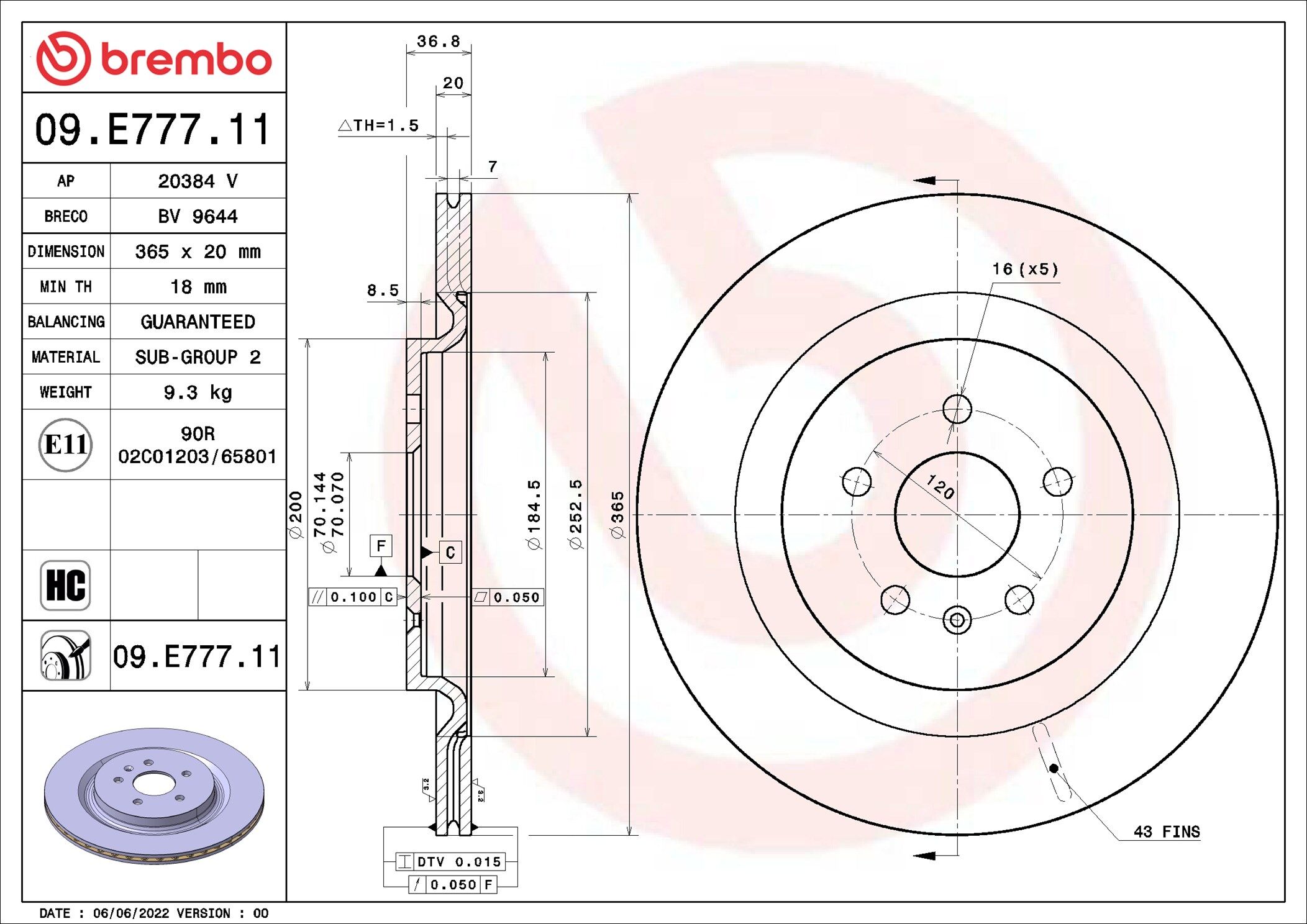 Brembo Bremsscheibe 09e77711 365mm 20mm Für Nio