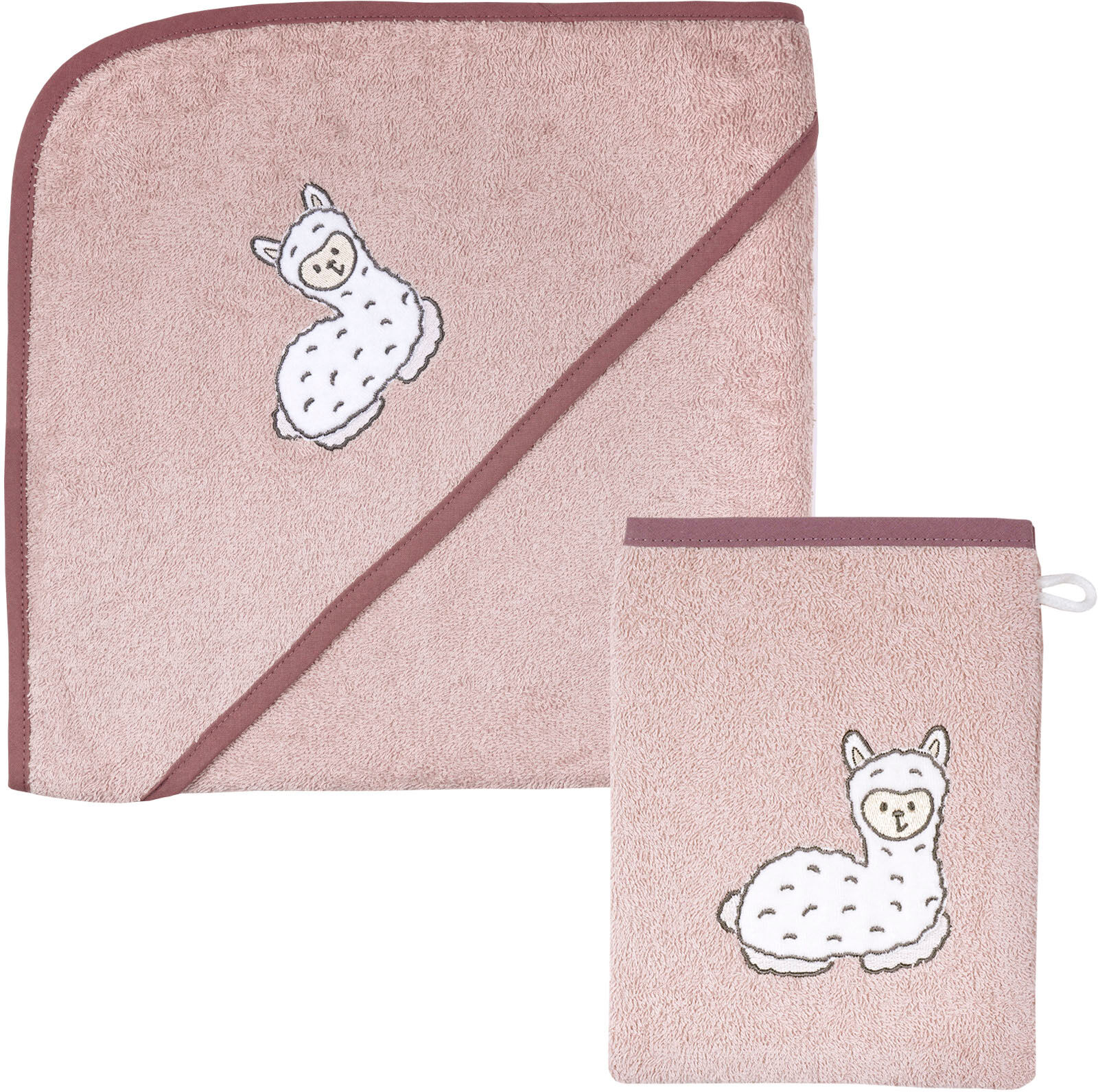 Handtuch Set WÖRNER "Lama rosa Kapuzenbadetuch 100/100 mit Waschhandschuh", rosa, 2 Stk., Lama, Frottier, Frottier, Obermaterial: 100% Baumwolle, Handtücher, Handtuch Set, mit süsser Lamastickerei rosa 2 Stk., Lama, Frottier