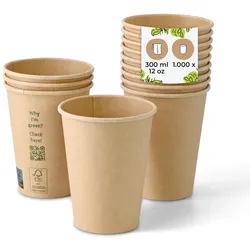 BIOZOYG 1000 Stück Einwegbecher 300ml / 12oz Pappbecher, Kaffeebecher, ungebleicht, ökologisch, kompostierbar, umweltschonend für Coffee to Go