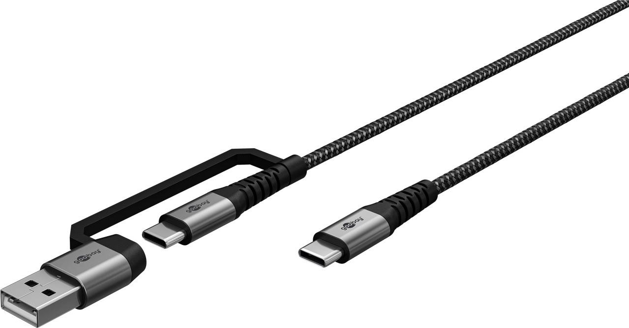 100x Goobay 70277 2-in-1 USB-Textilkabel, spacegrau/silber, 1 m, 1 m, schwarz-grau - Extrem robustes USB-C-Ladekabel mit Adapter für USB-A-Geräte