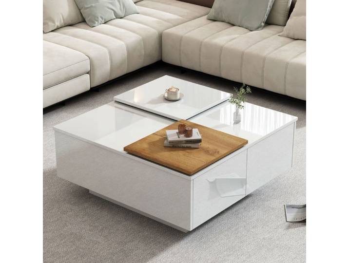 Table basse laquée blanche 75x75x33 5 cm à 4 tiroirs