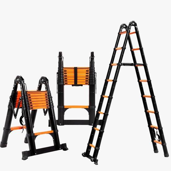 Famanu Teleskopische A-Frame Leiter mit Balanceerstange und Beweglichem Rad - Ausziehbare und Kompakte Leiter für Haushaltsgebrauch (3,8 m)