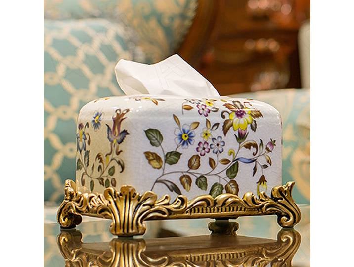 Porte-serviettes en papier en céramique pastorale européenne, boîte à mouchoirs, fleurs peintes créatives, organisation de serviettes en papier, base en relief doré