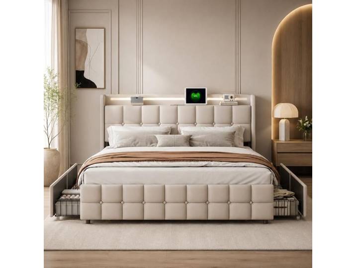 lit capitonne lit adulte lit double 180x 200 lit coffre avec tiroirs lit rembourré lit adulte avec sommier et rangement beige lin