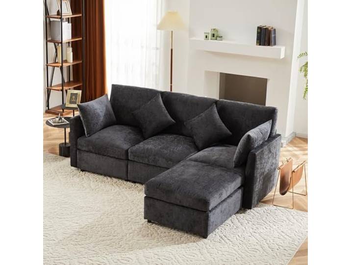 Merax Ecksofa L-Form Modulares 3-Sitzer Sofa mit umwandelbarem Fußhocker, Chenille-Stoff, Premium Komfort, Raumsparend & Wandelbar,Grau