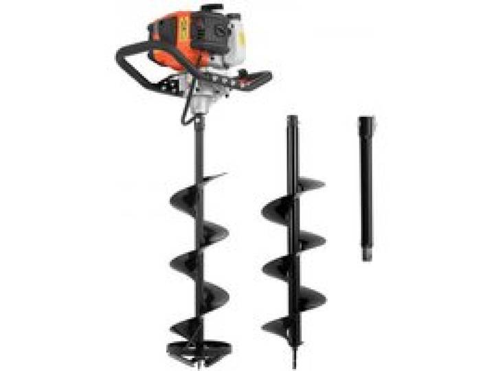 VEVOR Benzin Erdbohrer 43 cc Erdlochbohrer 2-Takt 203 mm 2-in-1 Pfahlbohrer, für Eisangeln & Gartenarbeit, Kältebeständig, Motordrehzahl von 8500 U/min, Robustes Erdbohrgerät mit Bohrern & Klingenschutz