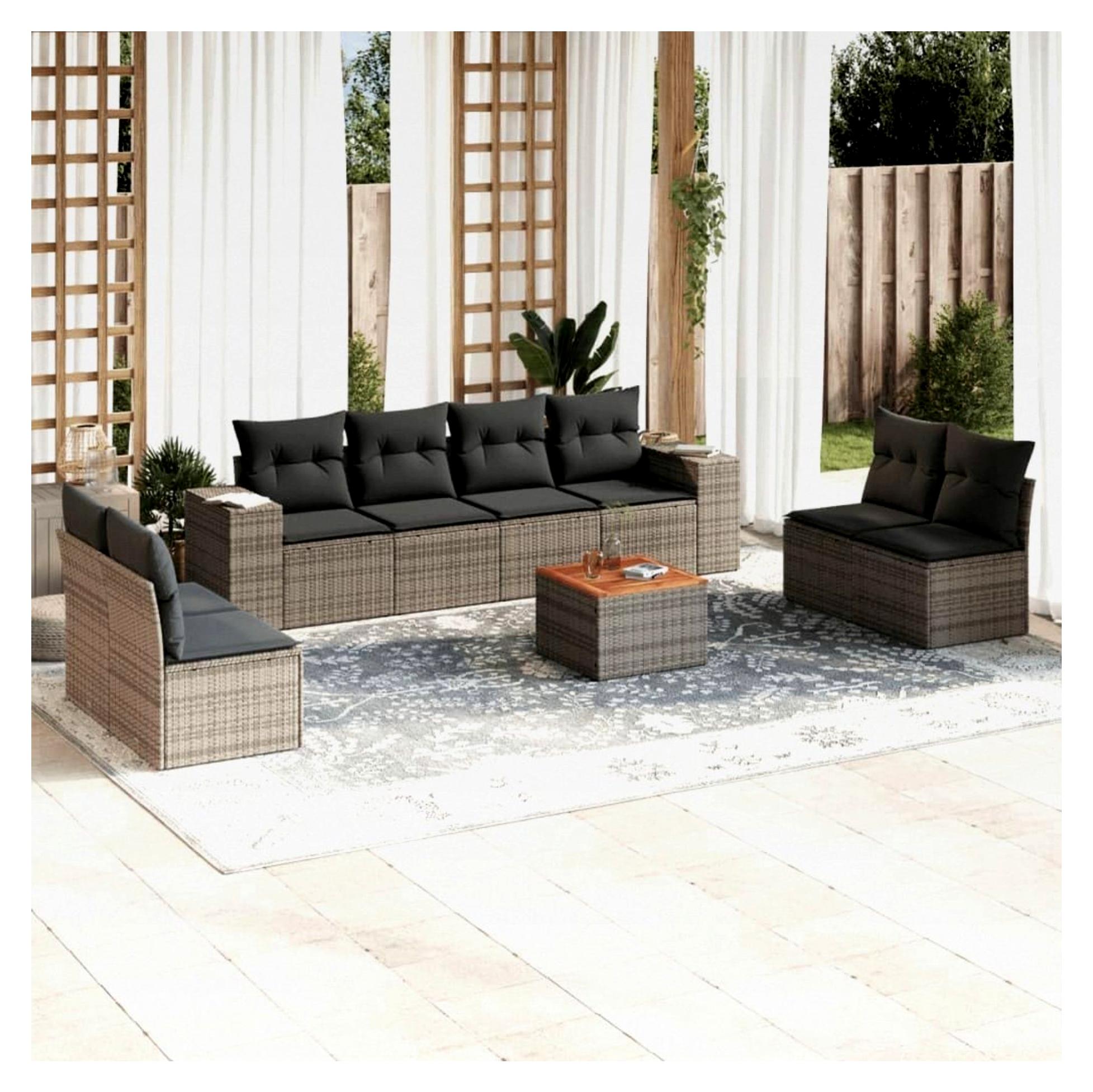 9-teiliges Garten-Sofagarnitur mit Kissen in Grau aus Poly Rattan, Lounge Gartenmöbel Set, Balkonmöbel, Gartenlounge, Gartensofa
