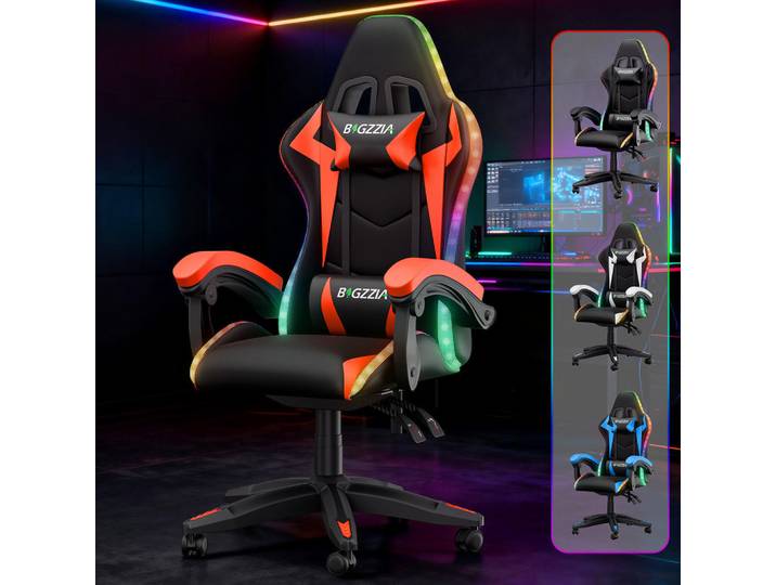 Rattantree Gaming-Stuhl Led, höhenverstellbar, Lenden- & Kopfstütze – Schwarz/Rot, Leder, 53.5x117x54 cm, Büromöbel, Bürostühle, Gaming-Sessel