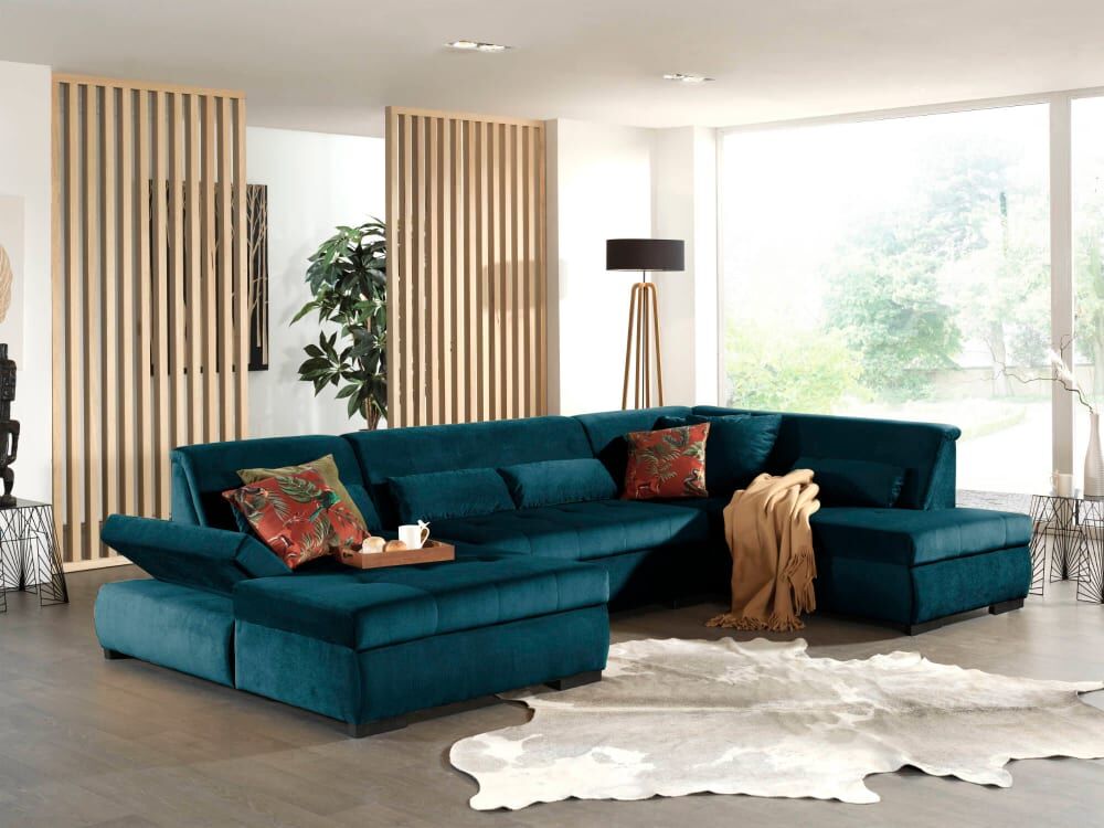 Best Mobilier Canapé panoramique 7 places en velours bleu canard Bleu 335x77x197cm