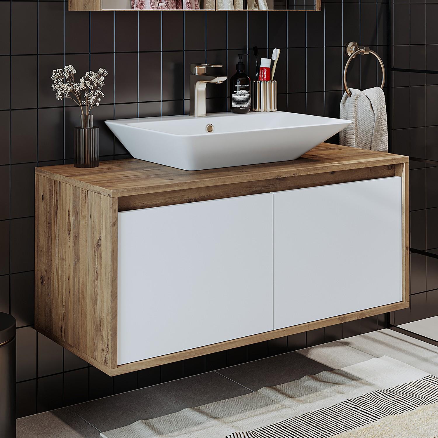 Skye Decor, Hochwertiger Badschrank mit Waschbecken, 100 cm, Atlantik-Kiefer, 100% MDF-LAM