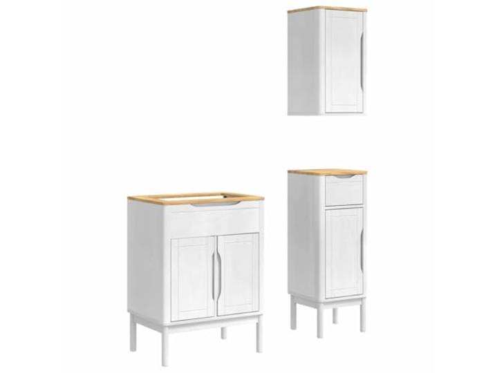 POUFGDR Badezimmermöbel-Set Floro, 3-teilig, Weiß Massives Kiefernholz, verstellbare Einlegeböden, Wandmontage, Scharniertüren, integrierte Griffe, modernes Design