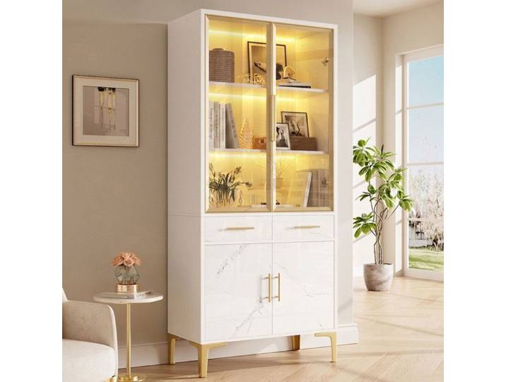 Vitrine Blanche LED Aspect Marbre 75x38x170 cm Armoire de Salon Portes en Verre et Tiroirs Norevia