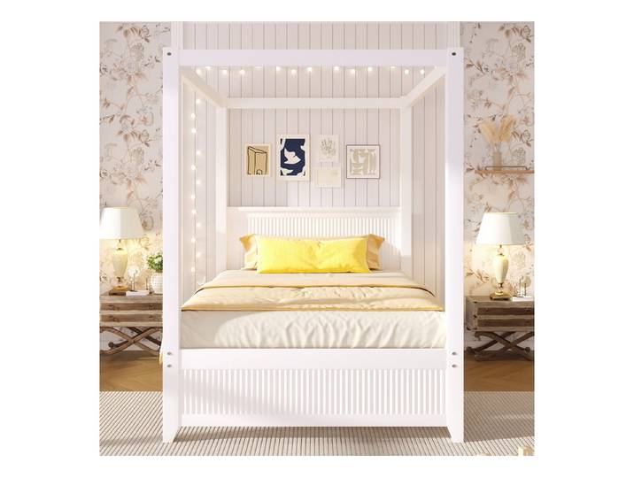 Ulife Himmelbett aus Holz mit dekorativem Dachrahmen, Weiß (2-tlg), 90*200cm