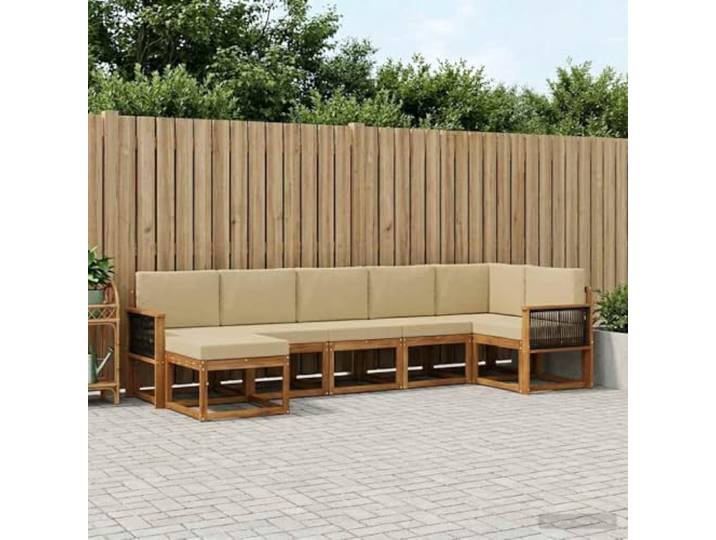 HFMDRMU Outdoor-Sofagarnitur mit Kissen 7-teilig, Akazienholz Sitzgruppe Natur und Beige Polyester, modulares Lattenrost Sitzmöbel für Garten und Terrasse