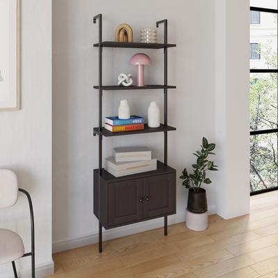 "happimess Tulare 72.05"" MidCentury Industrial 4-Shelf Wood Wall-Mounted Open Ladder Bookcase with Cabinet and Metal Frame"
